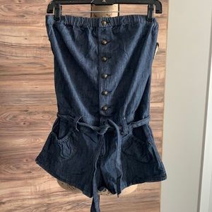 Strapless denim romper